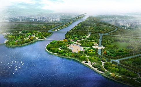 東営市の中心の城の森の公園と広利河の生態の景観の廊下